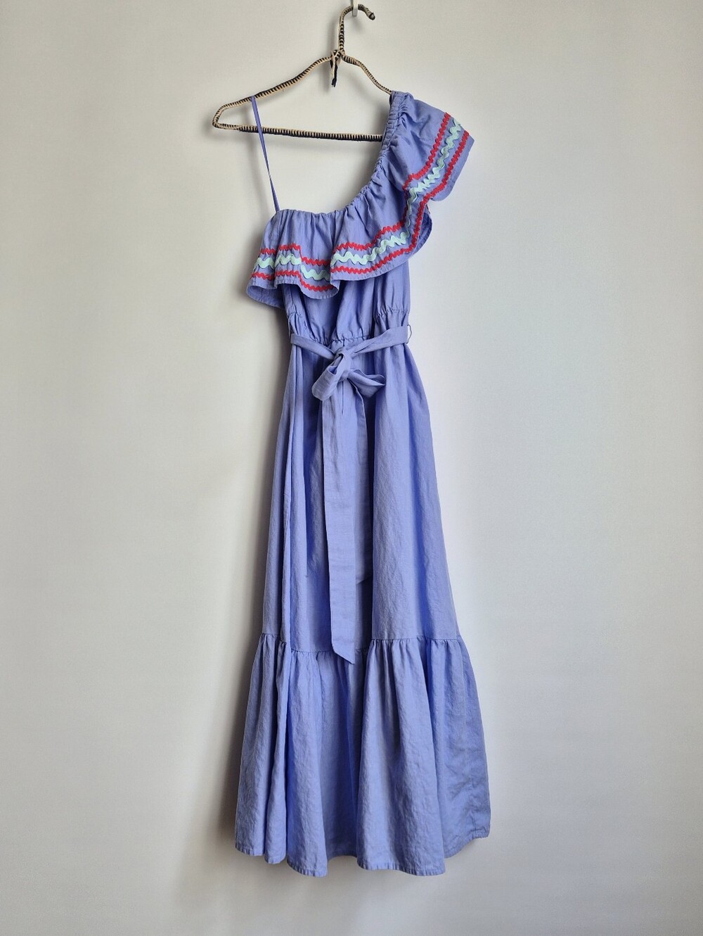 J Crew One Shoulder Ric Rac Linen Maxi Midi Dress XXS Coastal Tomato Girl